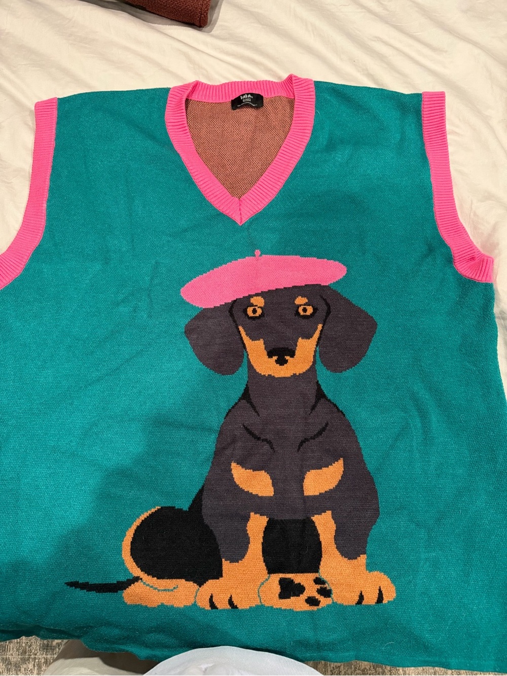 Teal Knit vest with Pink "Au Revoir!" Script - Picture 2 of 3